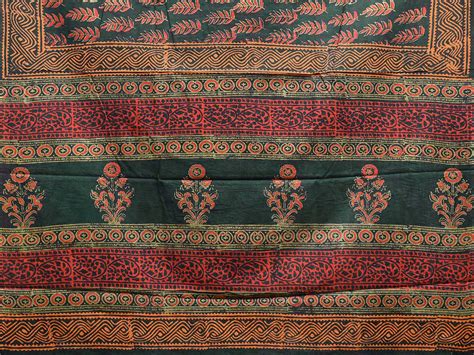 Teal Block Print Cotton Saree with Leaves Body and Pallu Design o0591 ...