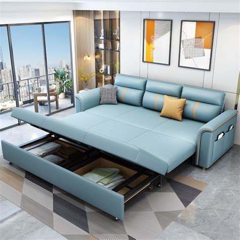 Contemporary Sleeper Sofa in Blue with Storage and Pillow Top Arms Futons