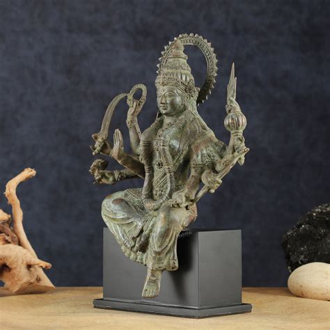 Indonesian Bronze Goddess Durga Seated on Wooden Base | 14 – Budhshiv.com