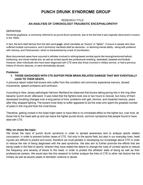 Punch Drunk Syndrome - PUNCH DRUNK SYNDROME GROUP RESEARCH TITLE: AN ...