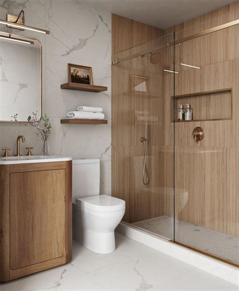 Serene Modern Bathroom with Marble and Wood Tile Walls, and Wood Vanity
