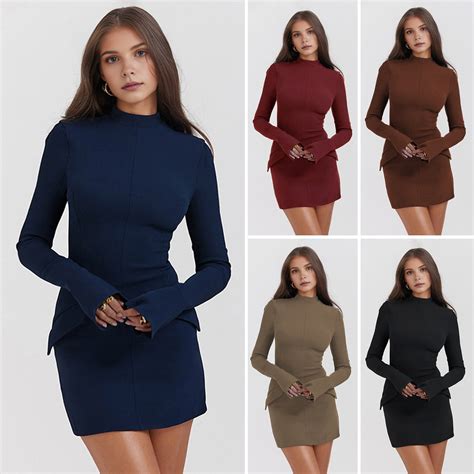 BAETEUY Women Sheath Dress Slim Fit Stand Collar Solid Color Mini Dress ...
