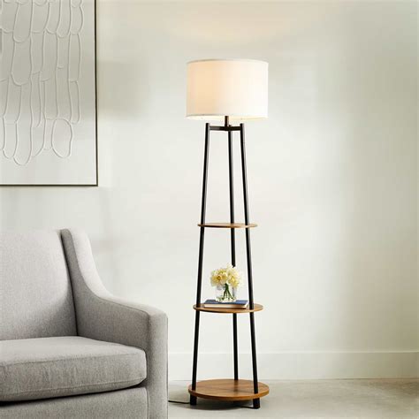 Wood & Metal Finish Shelf Floor Lamp with White Fabric Drum Shade, 64"