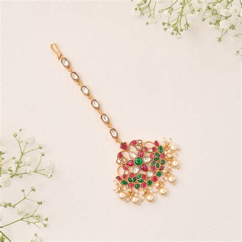 Kundan Multi Stone Gold Plated Beads Hanging Nethichutti – The Velli Shop