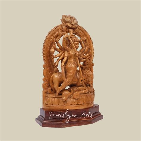21" Mahishasura-Mardini Goddess Durga Stunning Wooden Carved Durga Sta