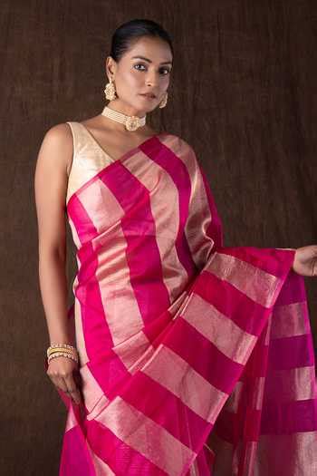 Buy Pink Tissue, Silk Zari Stripe Moonga Saree Set For Women by Zal ...