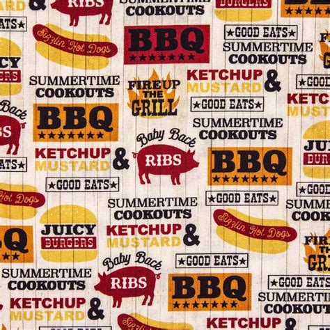 tela beis barbacoa palabras signos rojo naranja Fabric by Michael Miller - modesS4u