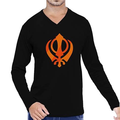 Buy Mens Khanda Sikh Symbol Cotton Printed V Neck Full Sleeves Black ...