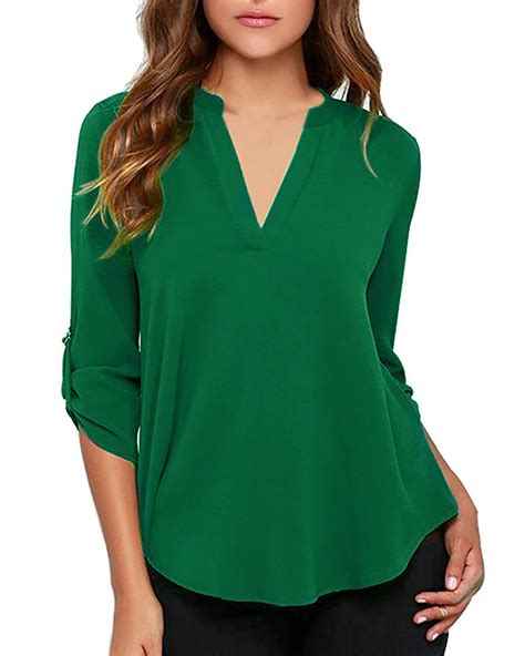Women's Business Casual V Neck Cuffed Sleeves Work Blouse Top | Chiffon ...