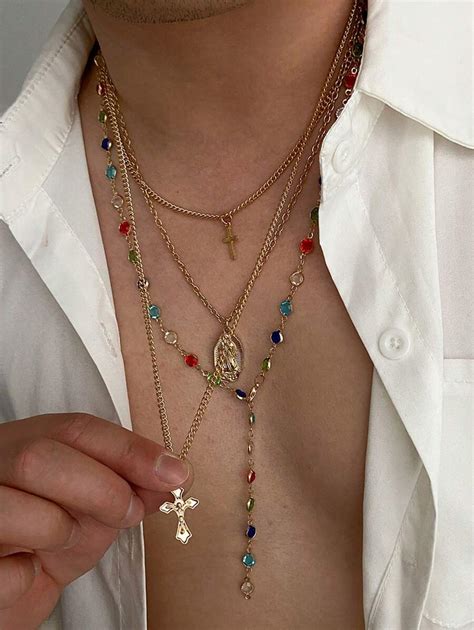 4pcs Set Vintage Men Cross Pendant Crystal Chain Necklace Set, Unique ...