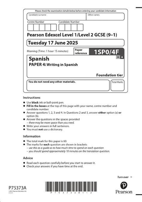 2025 Pearson Edexcel Level 1/Level 2 GCSE (9–1) Spanish PAPER 4 ...