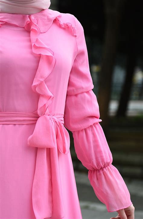 Ruffle Detailed Belted Dress 8044-17 Pink 8044-17 | Sefamerve