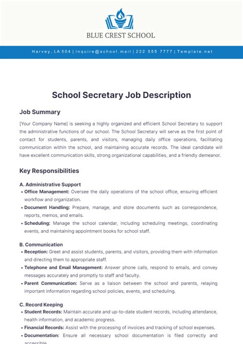 Free School Secretary Job Description Template to Edit Online