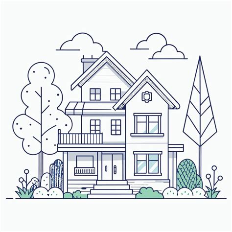 One continuous line drawing of family two story house with garden trees ...