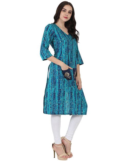 Blue printed 3/4th sleeve cotton Kurta with double pocket – Nayo Clothing