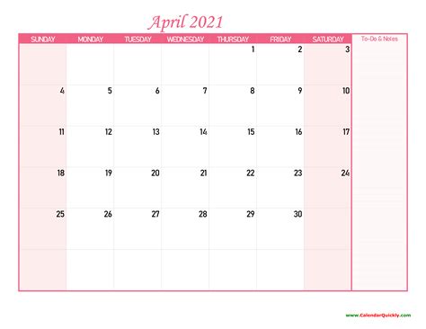 April Calendar 2021 with Notes | Calendar Quickly