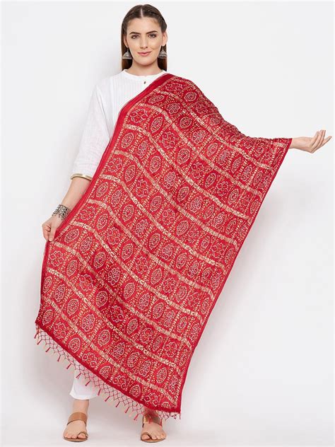 Red Bandhani Print Silk Dupatta in Silk - Clora Creation