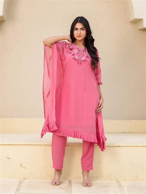Pink Hand Embroidered Georgette Kaftan Kurta Set – The Kaftan Company