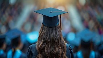 Graduate woman students wearing graduation hat and gown back view of ...