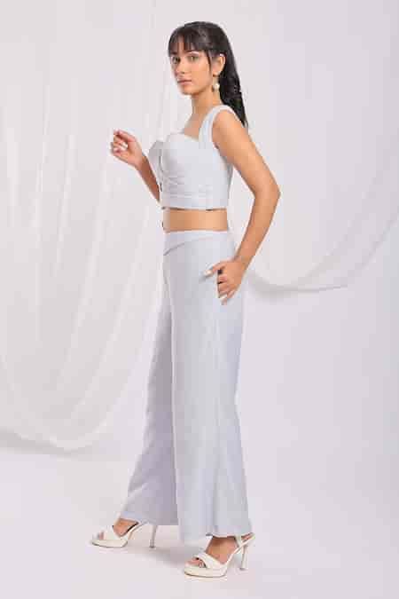 Buy Grey Linen Textured Sweetheart Neck Corset And Palazzo Set For ...