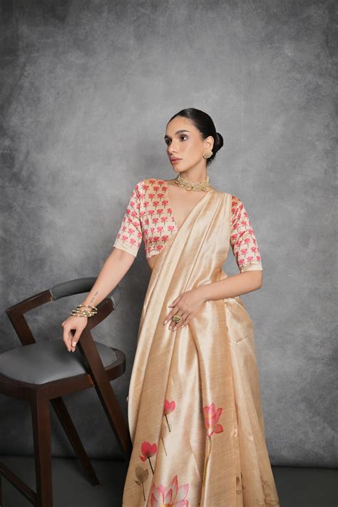Buy Tan Cream Floral Printed Tussar Silk Saree Online - MySilkLove