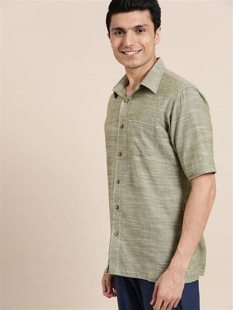 Cotton Men Half Sleeves Shirt - Olive Green – Charkha Tales