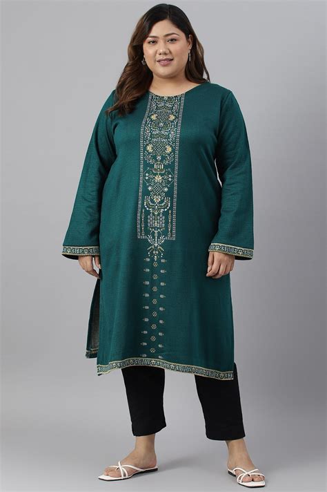 Buy Green Straight Printed Plus Size Winter kurta @ 2999 | W for woman ...