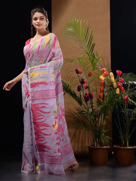 Lavender Silk Cotton Handwoven Jamdani Saree With Multicolor Motifs An ...