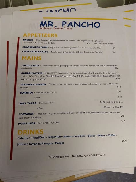 Menu at Mr. Pancho restaurant, North Bay
