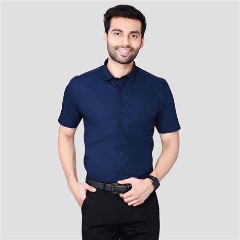 5thanfold Men's Formal Pure Cotton Half Sleeve Solid Light Navy Slim F ...