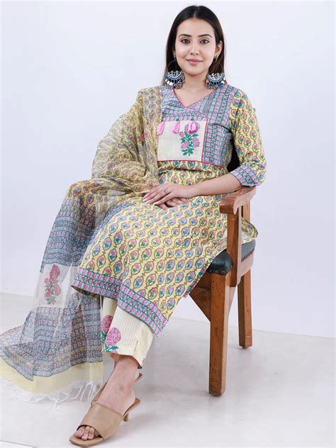 Roz Mina Set Of Kurta Pants Kota Doria Dupatta – InduBindu