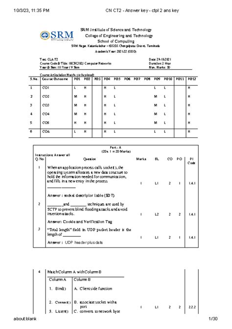 CN CT2 - Answer key - ctpl 2 ans key - SRM Institute of Science and ...