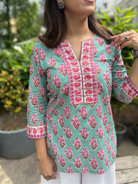 Sea Green Printed Sequinned Pure Cotton Kurti – Jaipur Morni