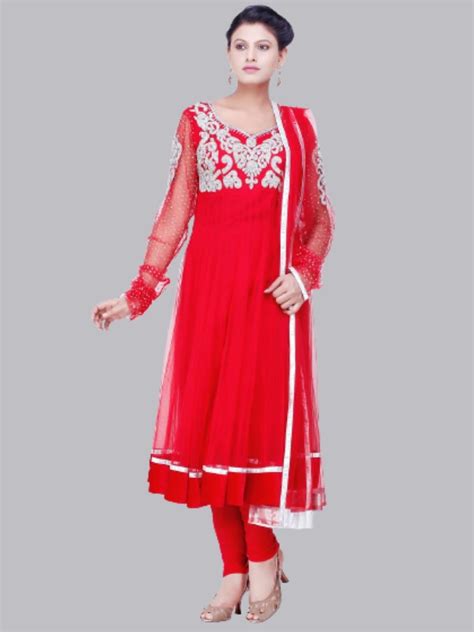 TEUQ7680 Red Net Anarkali Hand Embroidered Suit With Net Dupatta ...