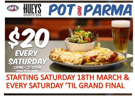 $20 Pot & Parma Every Saturday at Hueys Sports Bar, Frankston RSL, 3 ...