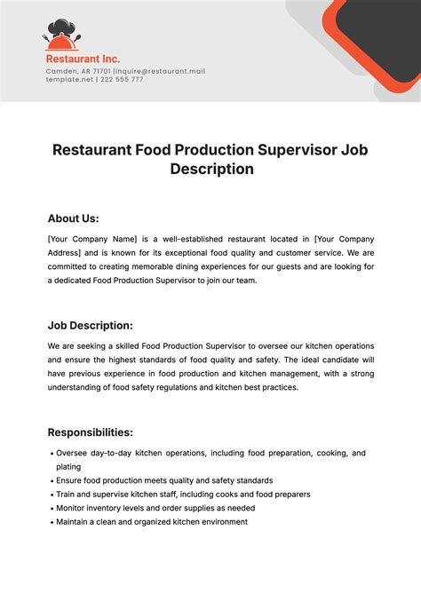 Free Restaurant Food Production Supervisor Job Description Template to ...