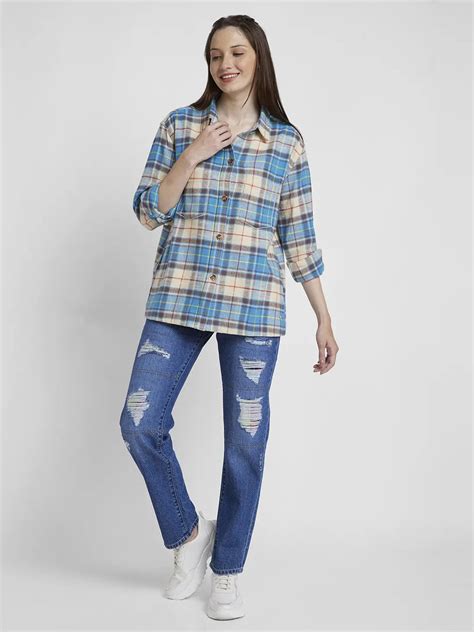Spykar Women Blue Cotton Oversize Fit Full Sleeve Checkered Shirt