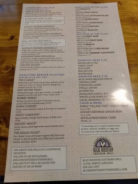 Menu at Blue Rooster Southern Grill restaurant, Lake Junaluska