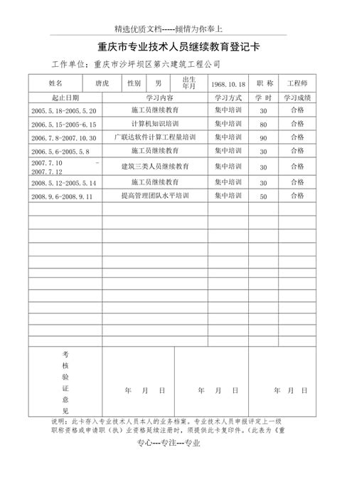 重庆市专业技术人员继续教育登记卡