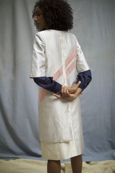"Parallel" Light Blue Handwoven Silk Overlap Jacket Dress - Tilfi