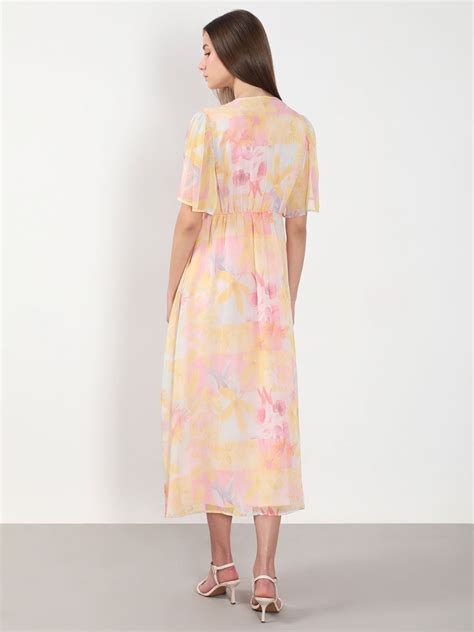 Yellow Printed V Neck Dress