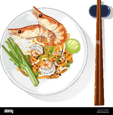 Colorful vector illustration of a shrimp noodle dish with chopsticks ...