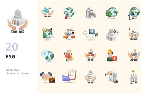 Esg set kreative Symbole Wassereffizienz Klimastabilität | Premium Vektor