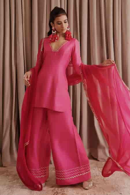 Buy Pink Silk, Organza, Crepe Mirrors, Embroidery V-neck Kurta Palazzo ...