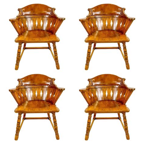 Romweber Viking Oak Leather Back Captains Armchair, Set of 4 at 1stDibs