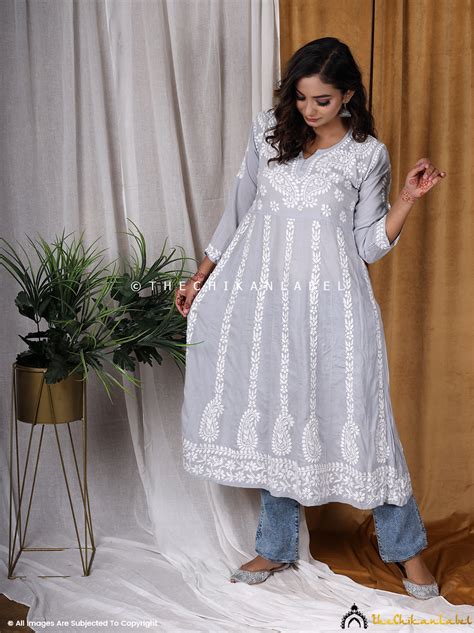 Grey Modal Cotton Chikankari Anarkali