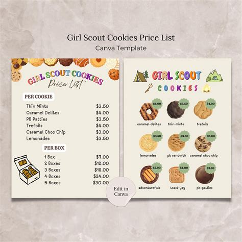 Girl Scout Cookies Price List Menu Template Canva Editable LBB Scout ...