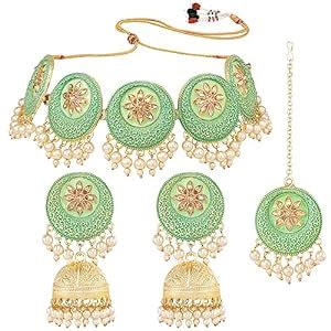 Buy Peora Gold Plated Mint Kundan Studded Ethnic Choker Necklace Jhumka ...
