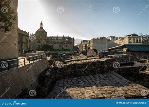 Aztec Temple Templo Mayor at Ruins of Tenochtitlan with the Dome of ...