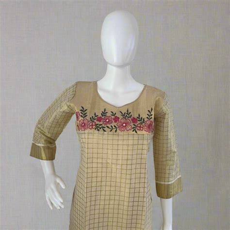 Women's Stylish Kerala Traditional Kurti with Pink Floral Embroidery ...